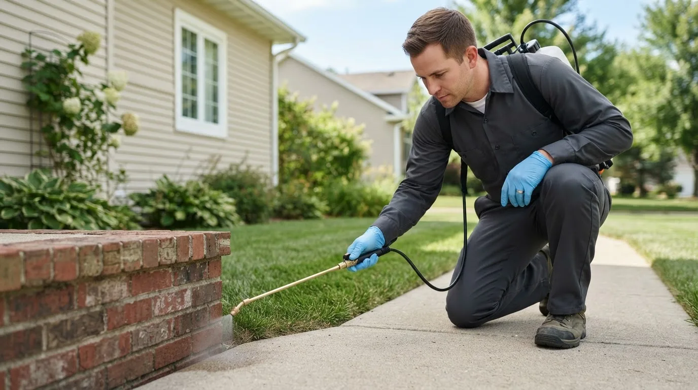 Pest control technician treating a home near Robinson, ND
